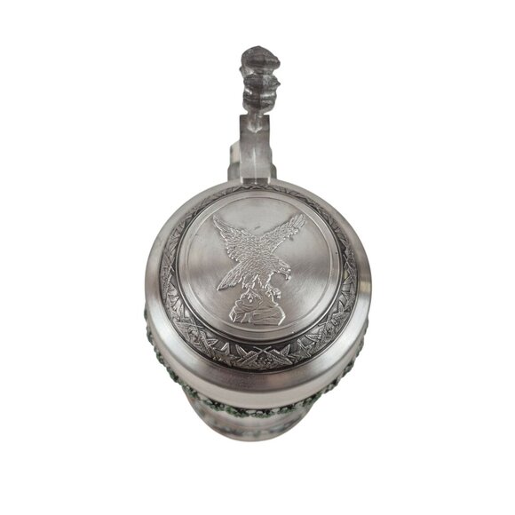 Domex Beer Stein Pewter Flip Lid Stoneware Body Eagles Gold Trim Vintage - Picture 6 of 7